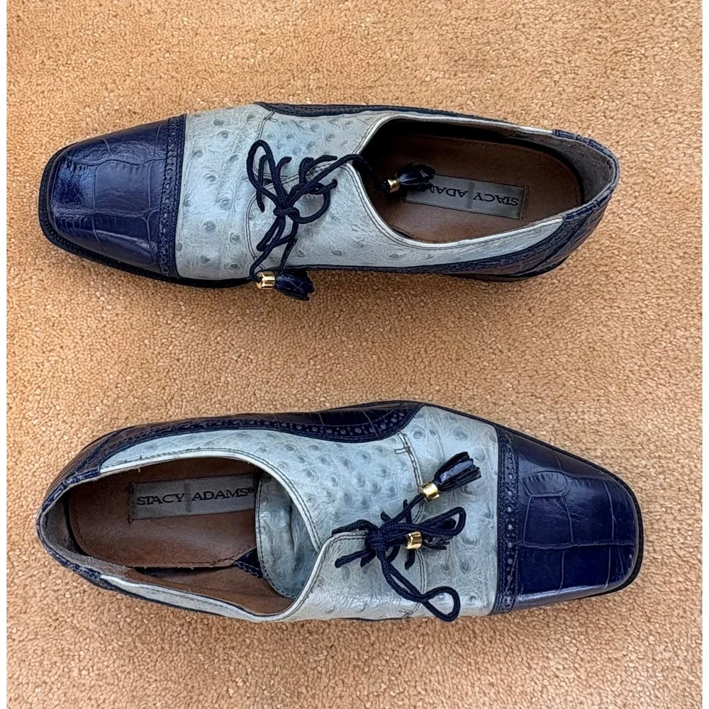 VTG Stacy Adams Mens Cap Toe Oxford Shoes Sz 10M Blue Ostrich Alligator Embossed